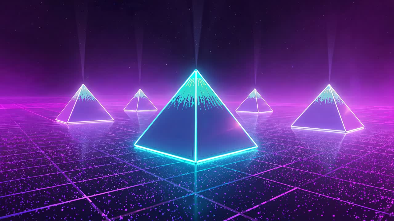 Dollying camera forward, central neon pyramid pulsing brighter while revealing drip on glossy grid