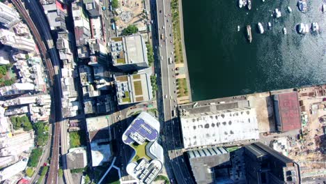 área urbana de kowloon en el centro de hong kong, vista aérea de arriba hacia abajo con tráfico y rascacielos de la ciudad