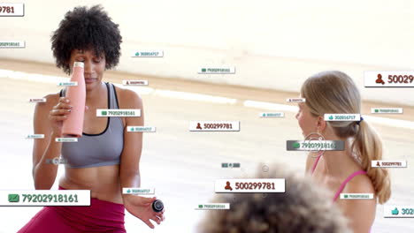 In fitness class, women exercising with social media notifications animation