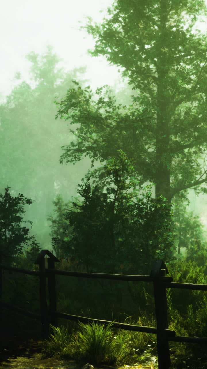 Serene forest landscape at dawn with mist and gentle sunlight filtering through