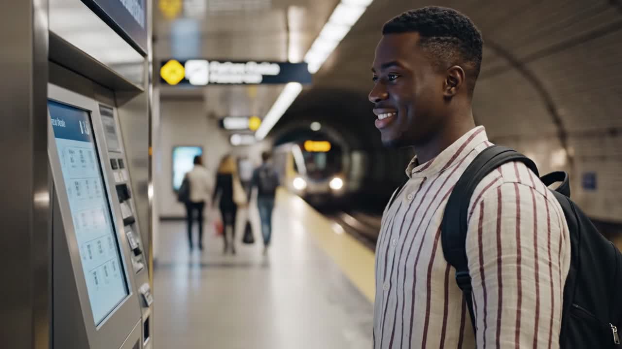Giovane uomo sorridente che usa il distributore automatico di biglietti della metropolitana