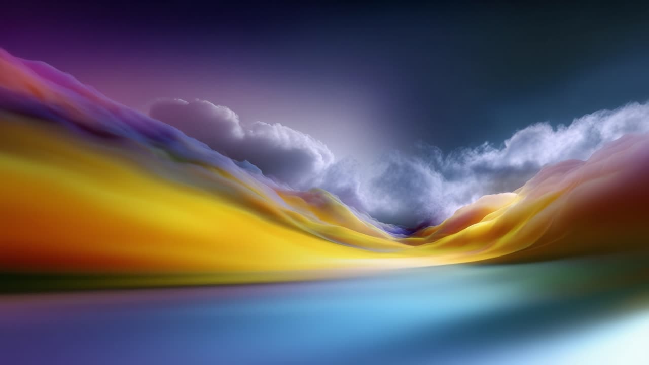 Un paysage serein de vagues colorées met en valeur la beauté de la nature avec des transitions du jaune éclatant au violet profond sur un ciel spectaculaire.