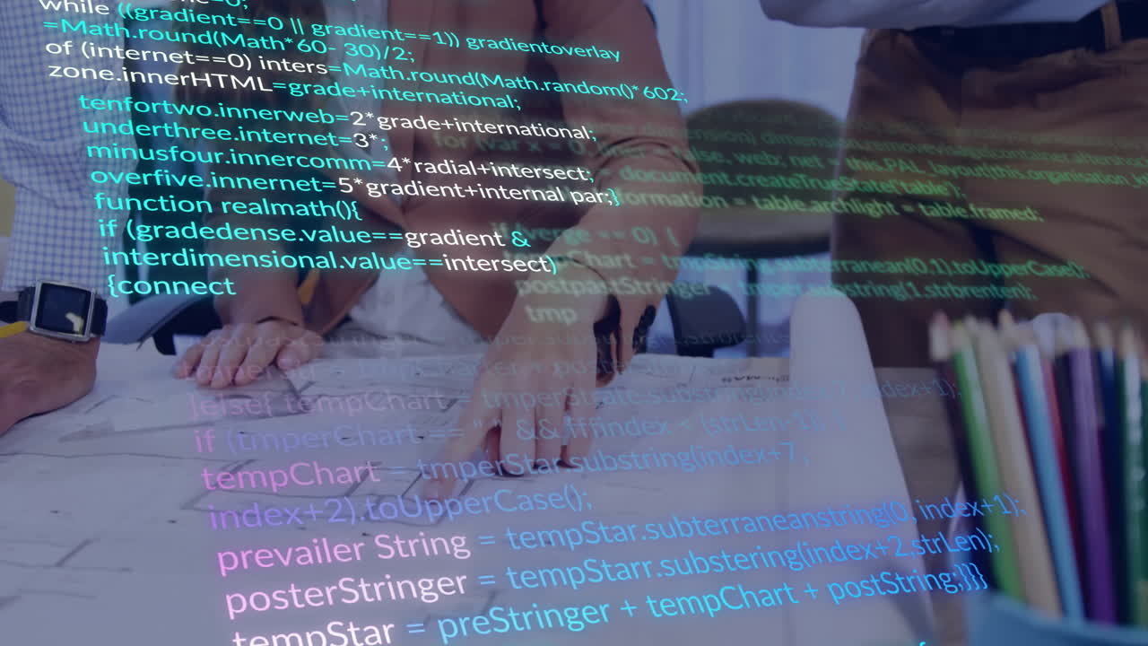 animación del procesamiento de datos financieros sobre diversas personas de negocios en la oficina