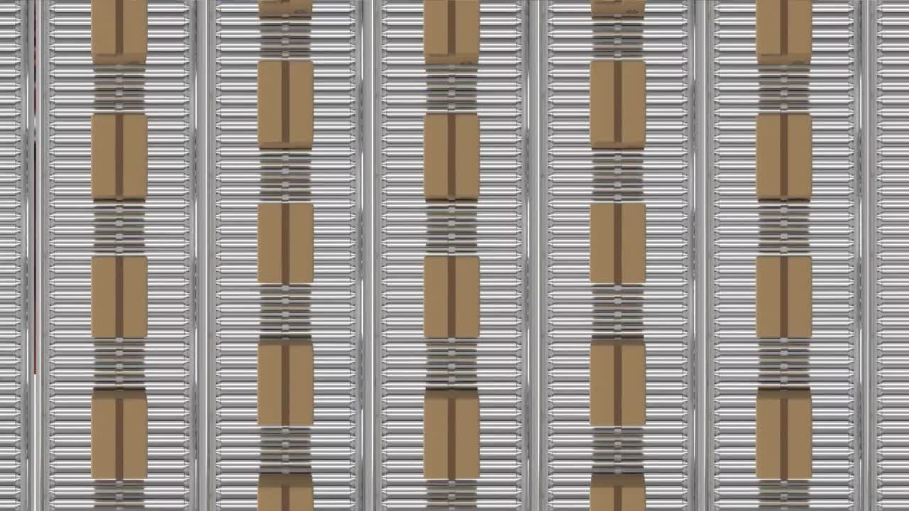 анимация картонных коробок на конвейерных лентах на складе