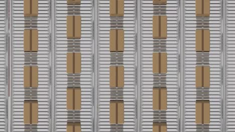 Animation of cardboard boxes on conveyor belts in warehouse