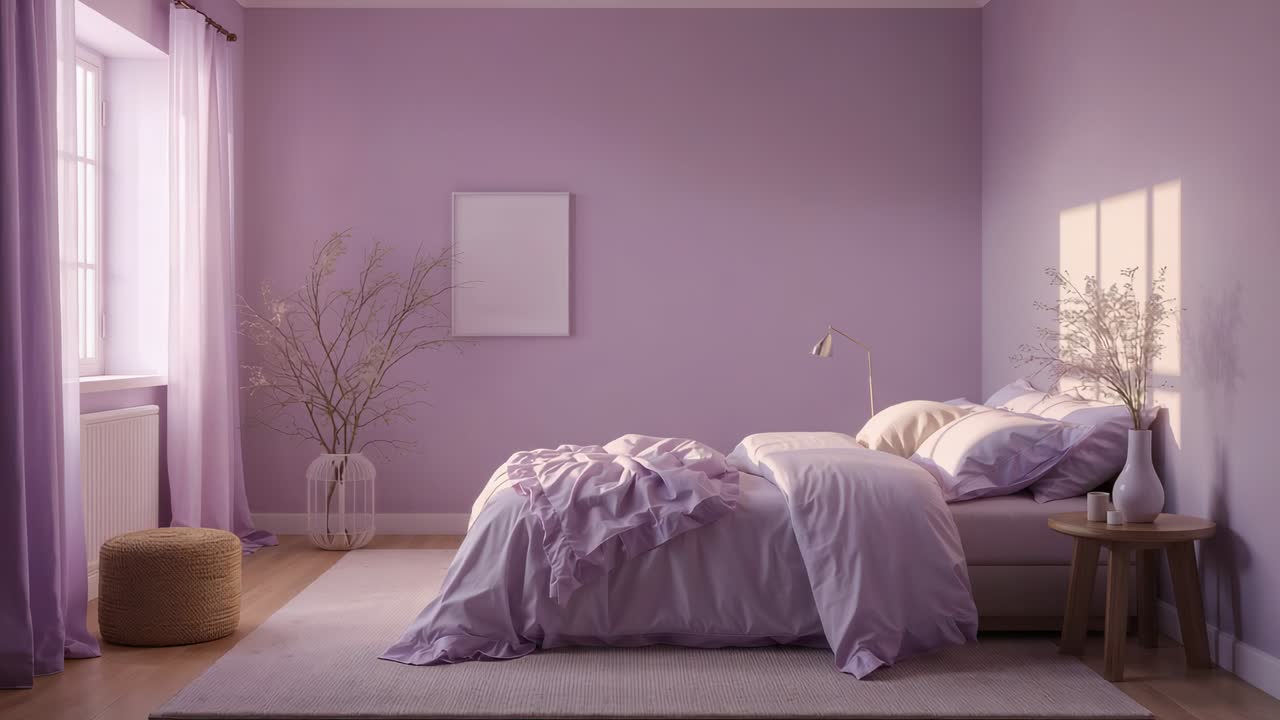 Luce del sole che filtra dalla finestra sinistra in una camera da letto viola tenue, illuminando un letto basso con un piumone color lavanda