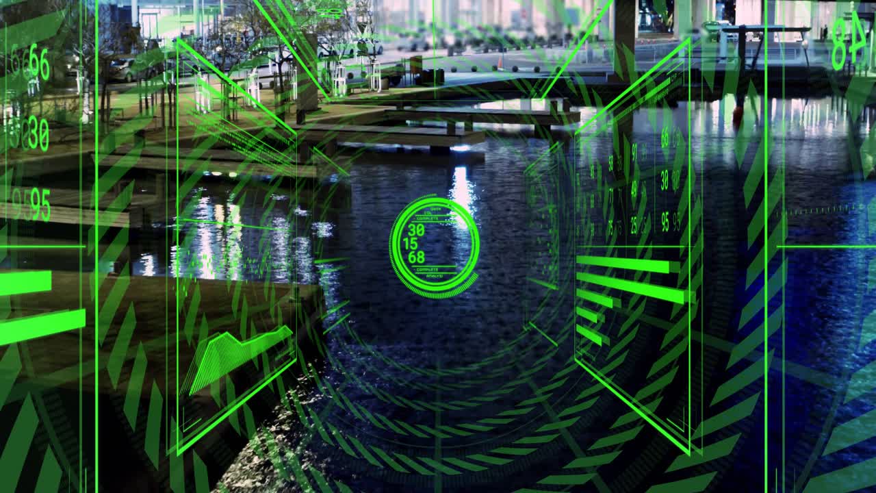 Green HUD activating, pulsing rings and rotating grid scanning canal reflections to display data