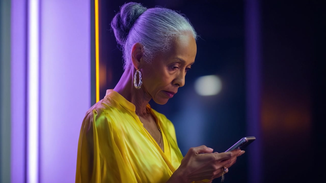 Una donna anziana pensierosa con una vivace blusa gialla che utilizza il suo smartphone tra luci ambientali colorate in uno spazio moderno.