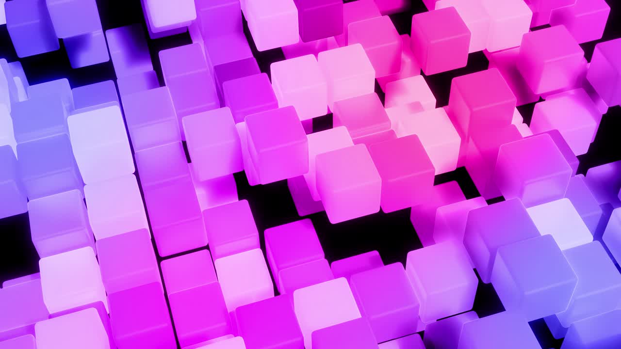 3d abstracto geometría oscura bg con cubos rojos azules parpadean con luz de neón al azar. animación en bucle suave. los cubos forman una estructura plana. diseño de movimiento simple creativo bg con objetos 3d 4k