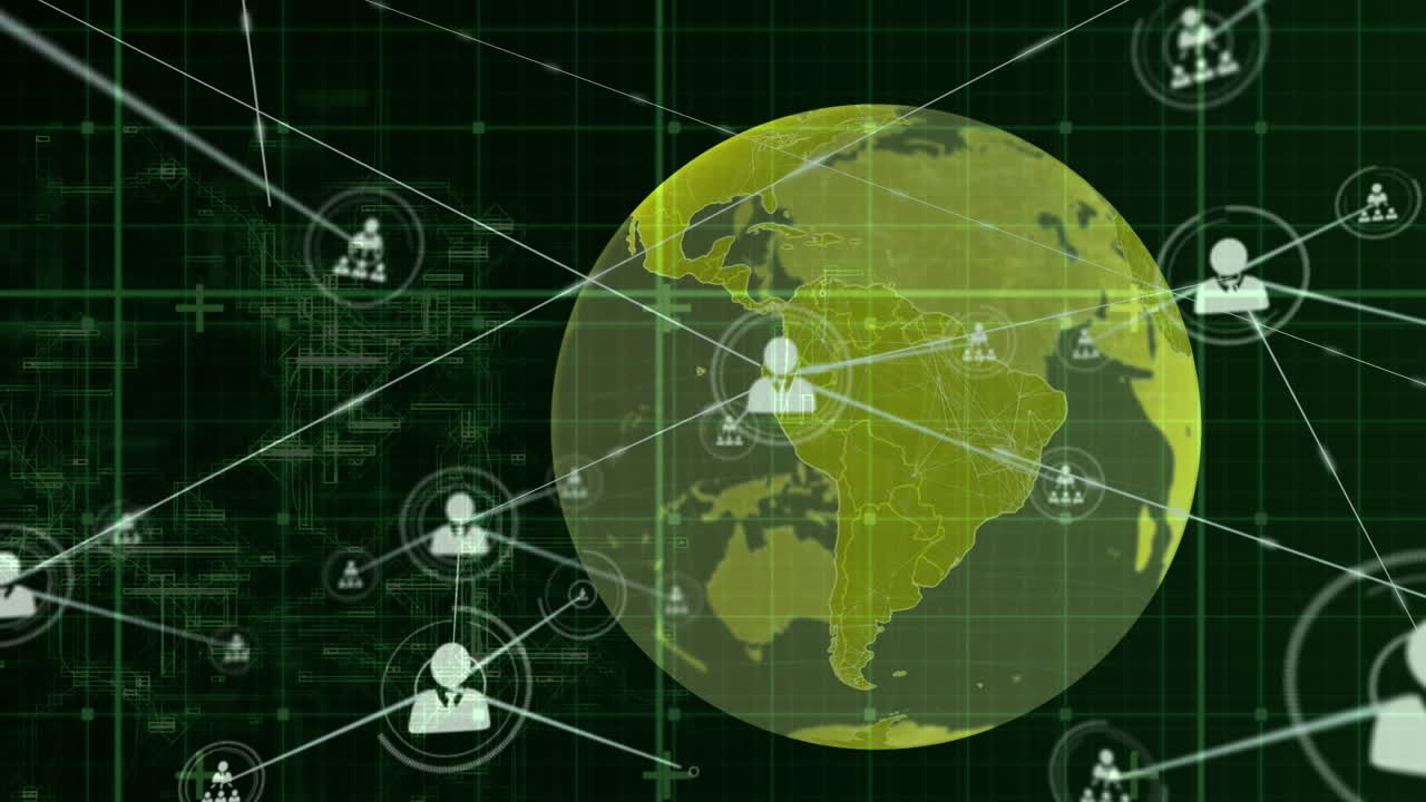 Animazione di una rete di connessioni con icone su un globo e elaborazione dati su sfondo nero.