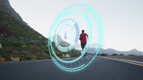 animation of circular scanner with countdown over african american male athlete running on road