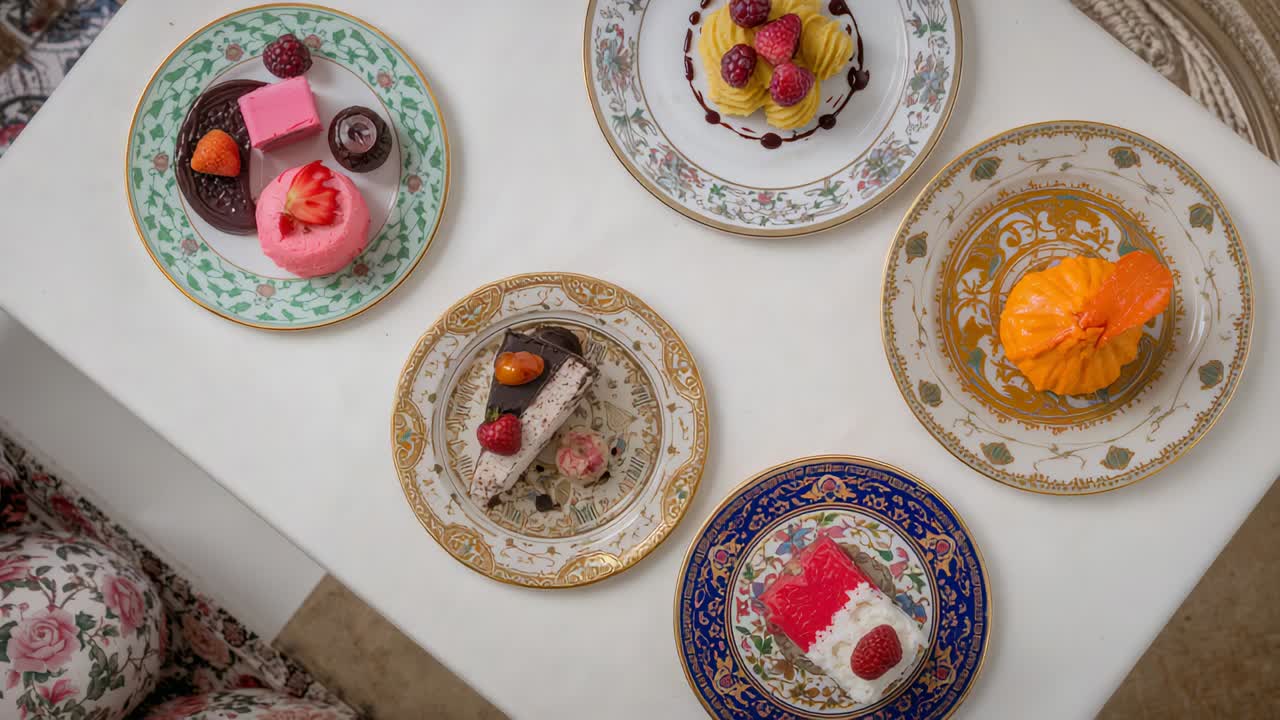 Rotazione della camera che rivela sei piatti di dessert sul tavolo, mostrando un sedile floreale ed evidenziando i dolci