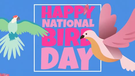 animación del texto del día de los pájaros felices sobre los iconos de pájaros y plumas