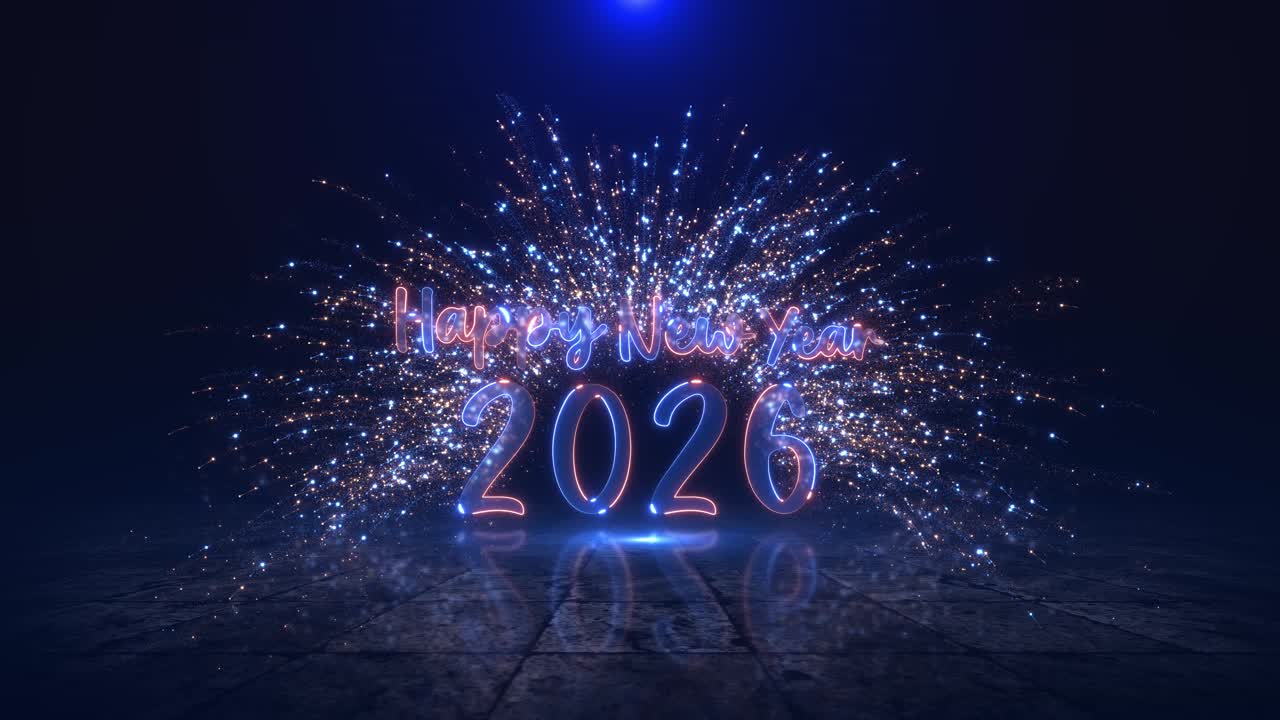 Feliz año nuevo 2026, confeti dorado festivo, espirales de estrellas y cintas sobre fondo negro, vacaciones 2026
