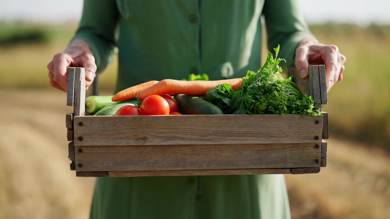 Hands grip both sides of a rustic produce box while colorful vegetables and herbs remain centered against a softly blurred outdoor field, with warm sunlight revealing natural textures.