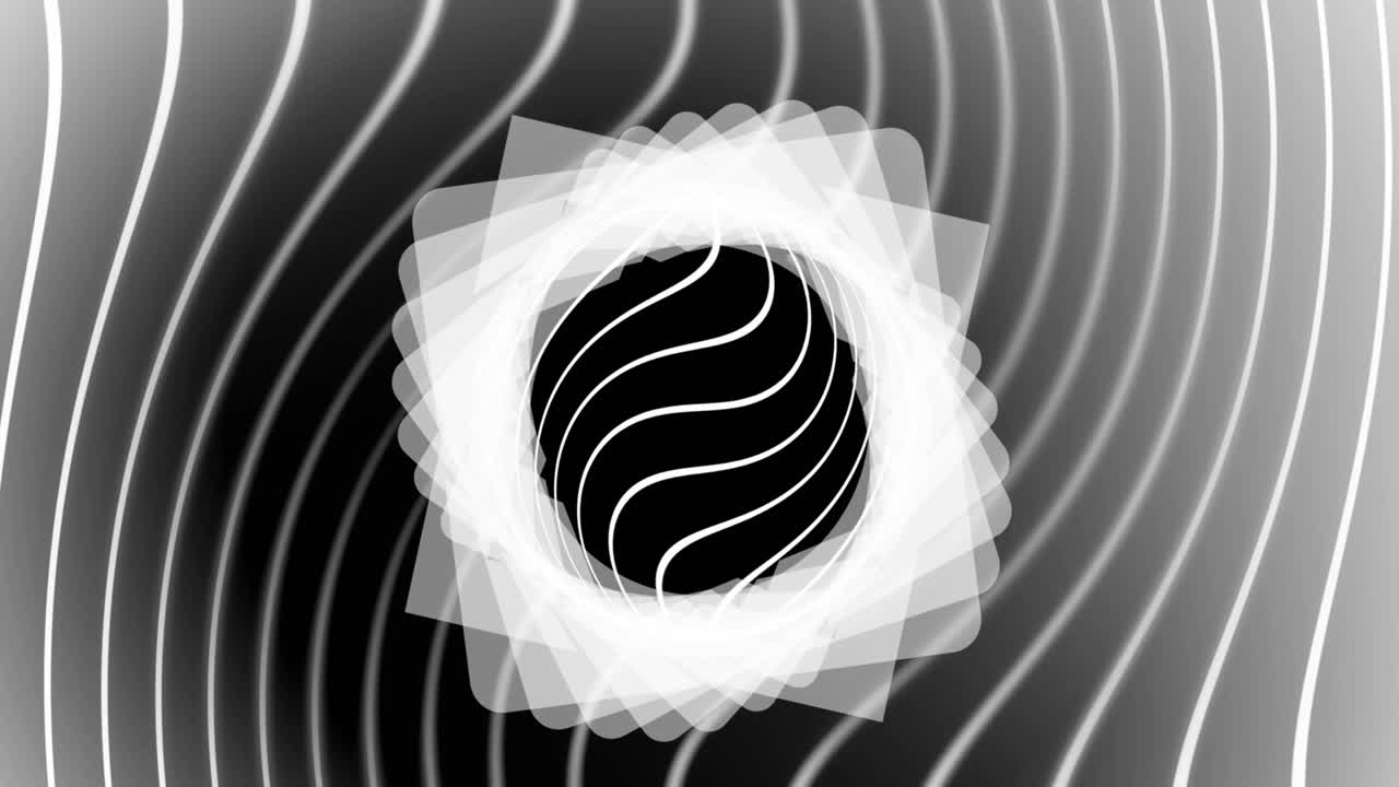 Animatie van een cirkel en lijnen met draaiende witte vormen op een zwarte achtergrond