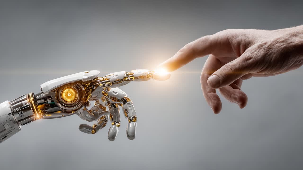 The Moment of Connection: A Human Hand Meets a Robotic Arm, Signifying the Intersection of Technology and Humanity in a Stunning Visual Dialogue