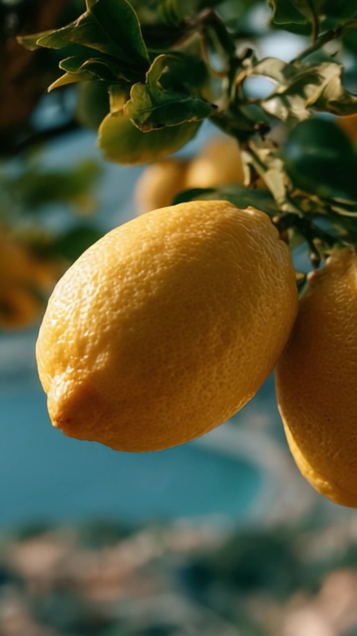 Limoni gialli vivaci e freschi appesi a un albero, che mostrano la loro consistenza succosa su uno splendido sfondo naturale.