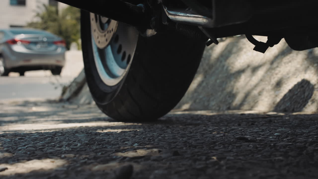 Harley Davidson Motorcycle Close up, biker left it up to leave. 4K