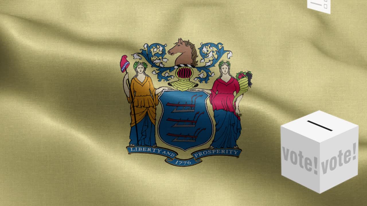 뉴저지 주 - 투표용지가 뉴저지 선택을 위해 상자에 날아갑니다 - 발 앞의 투표용지 - 선거 - 투표 - 국가 발 뉴저지주 파동 패턴 루프 가능한 요소 - 직물 질감과 끝없는 루프 - 뉴저지 주에서 루프 가능한 발