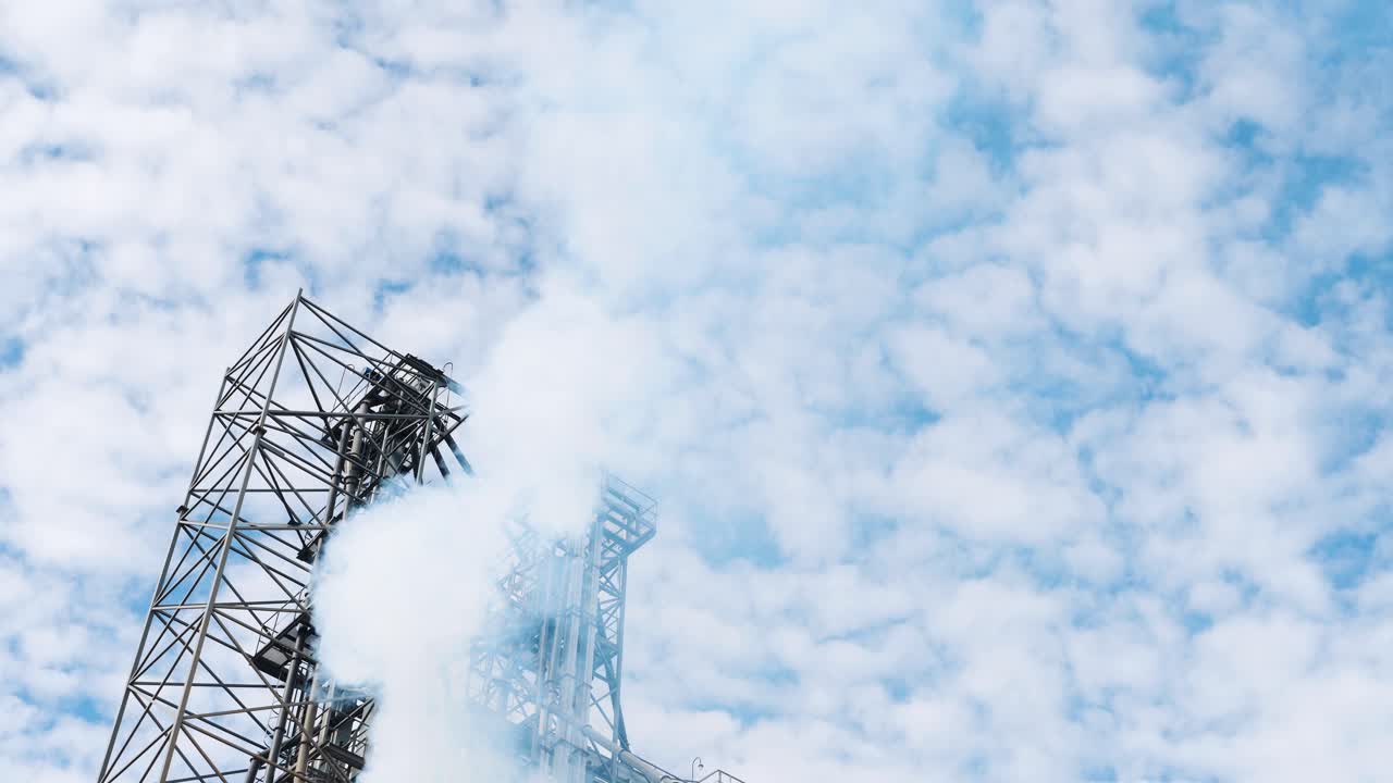 Thick vapor in the air. Stream of white smoke pollute the atmosphere. Steel part of metal construction from large industry on sky background