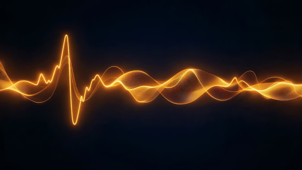 Starting left-edge spike, golden waveform moving across navy backdrop, showing ribbon loops, peak