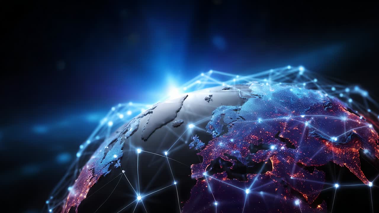 A Stunning Digital Representation of Earth Illuminated by a Network of Bright Nodes and Lines, Highlighting Global Connectivity and Technological Advancement in a Vibrant, Sci-Fi Aesthetic