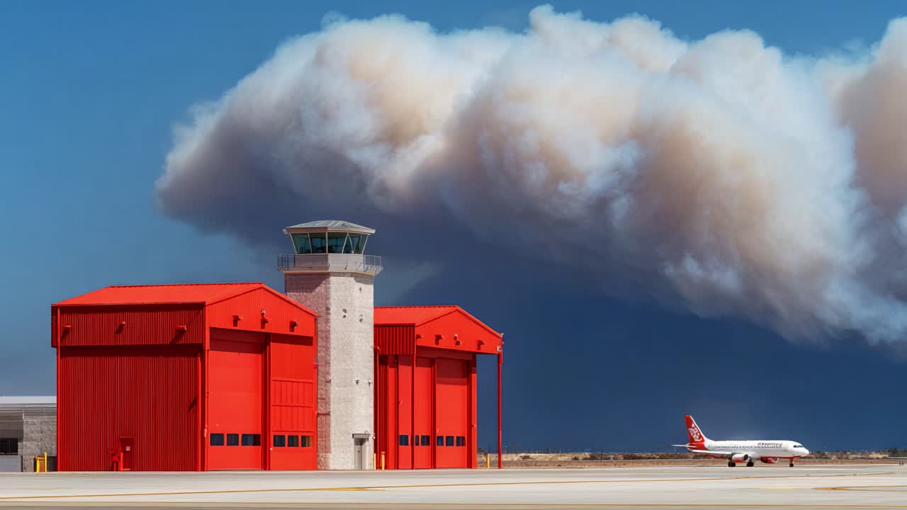 A vivid scene capturing a striking red airport hangar and control tower under a dramatic sky filled with thick clouds of smoke, hinting at the intensity of nearby wildfires or industrial activity