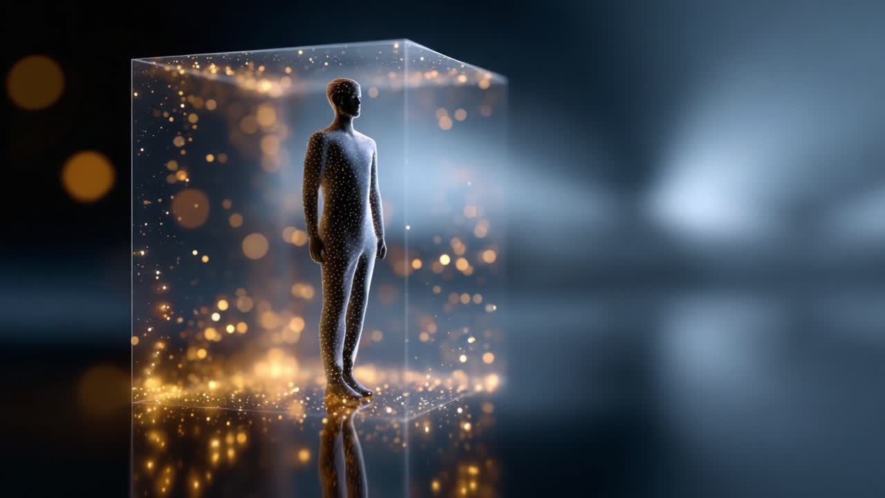 A figure stands in a mesmerizing illuminated cube, surrounded by shimmering particles, creating a captivating visual of isolation and ethereal beauty