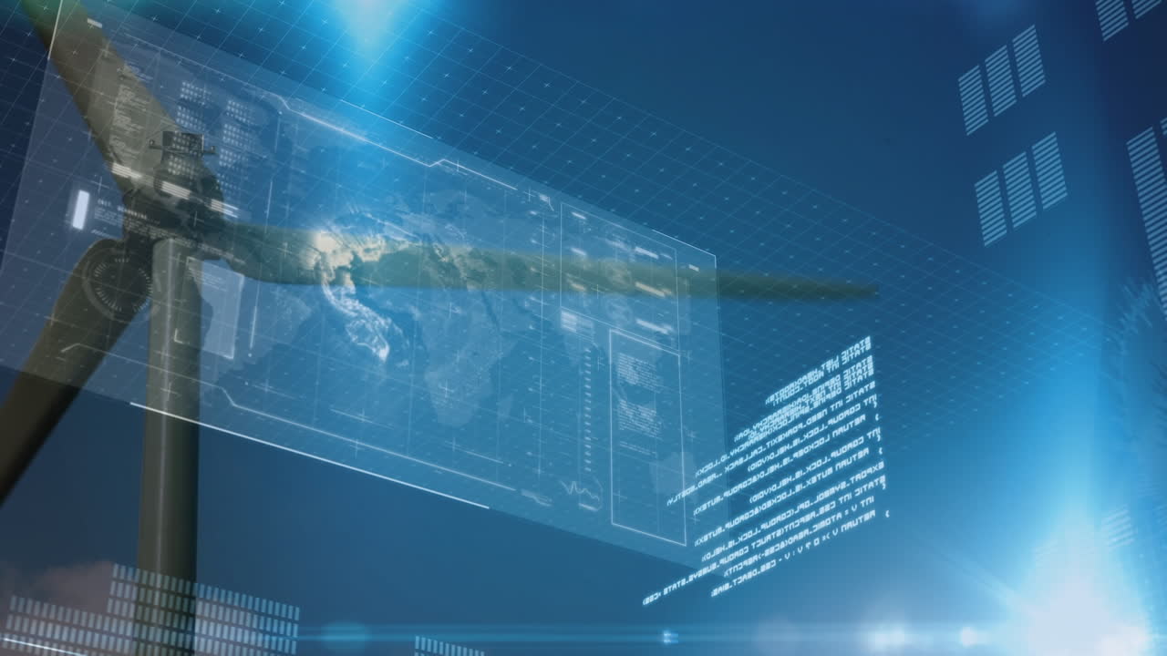 데이터 처리 및 풍력 터빈과 하늘 위의 빛 트레일의 애니메이션