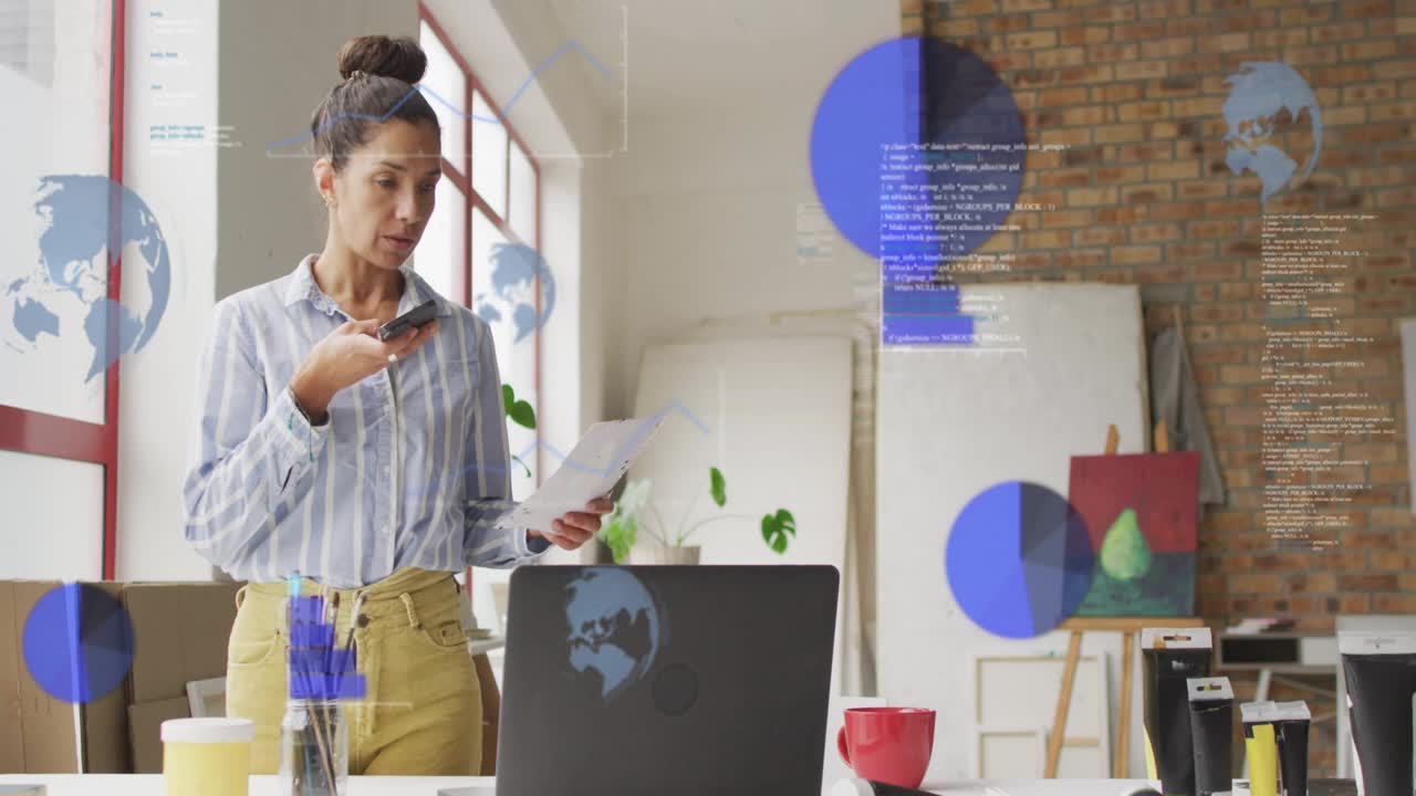 Woman holding paper speaking into phone in studio, presenting charts growing obscuring retreating