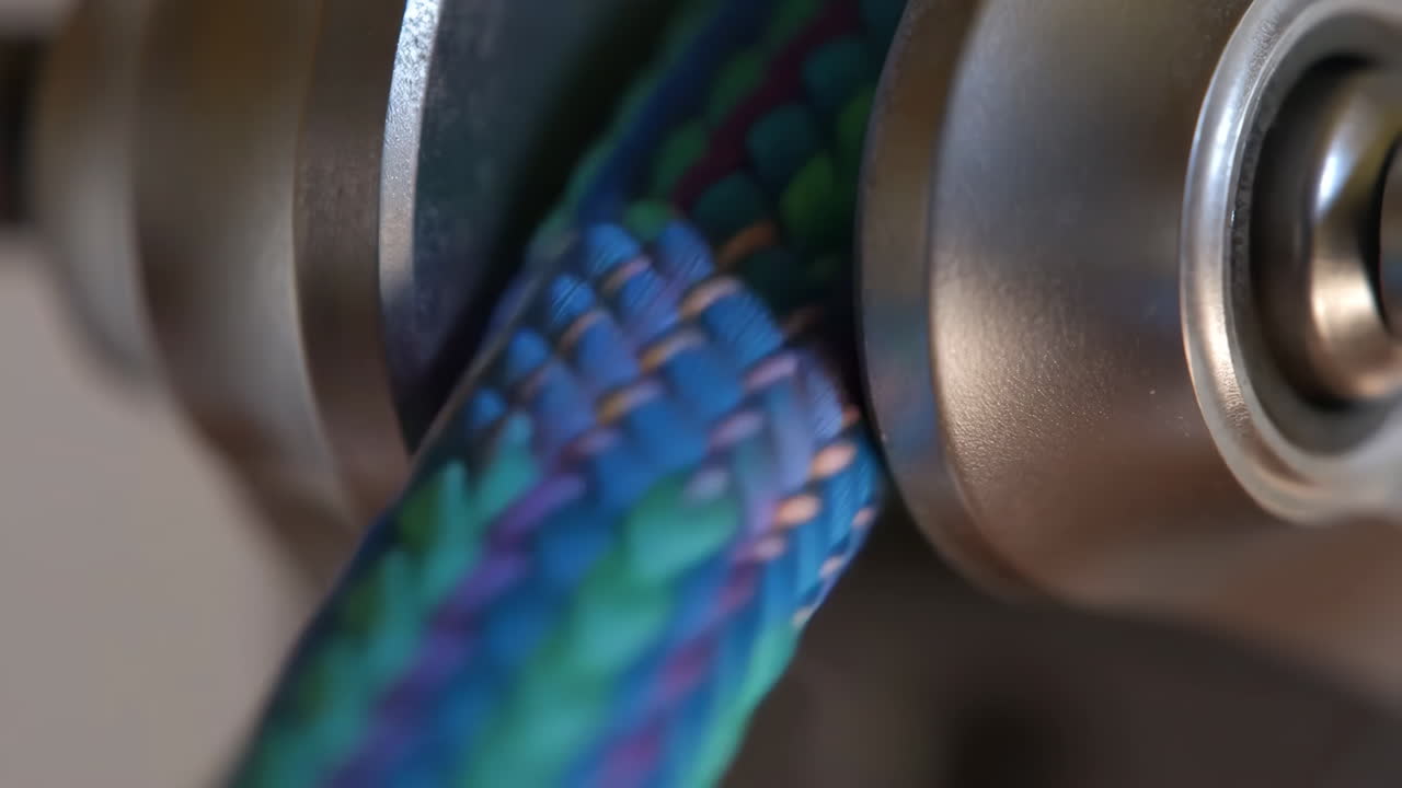 Colorful Braided Rope Moving Through a Pulley Mechanism