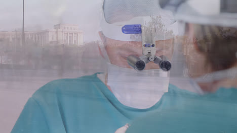 animation of timelapse with walking people over caucasian male surgeon during operation