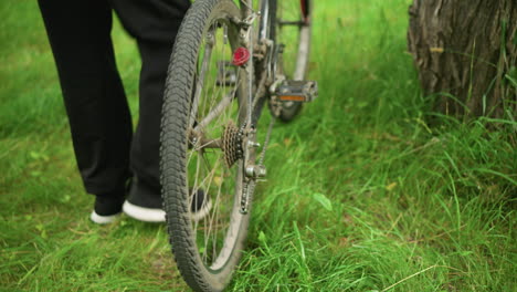 back view of bicycle parked in grassy field, someone in black trousers approaches the person lifts the bicycle s rear and pedals, causing the tires to rotate, with a focus on the tires