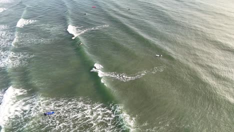 Aerial footage captures surfers paddling and riding waves in soft morning light at West Sands Beach, St Andrews, Scotland, with gentle camera movement