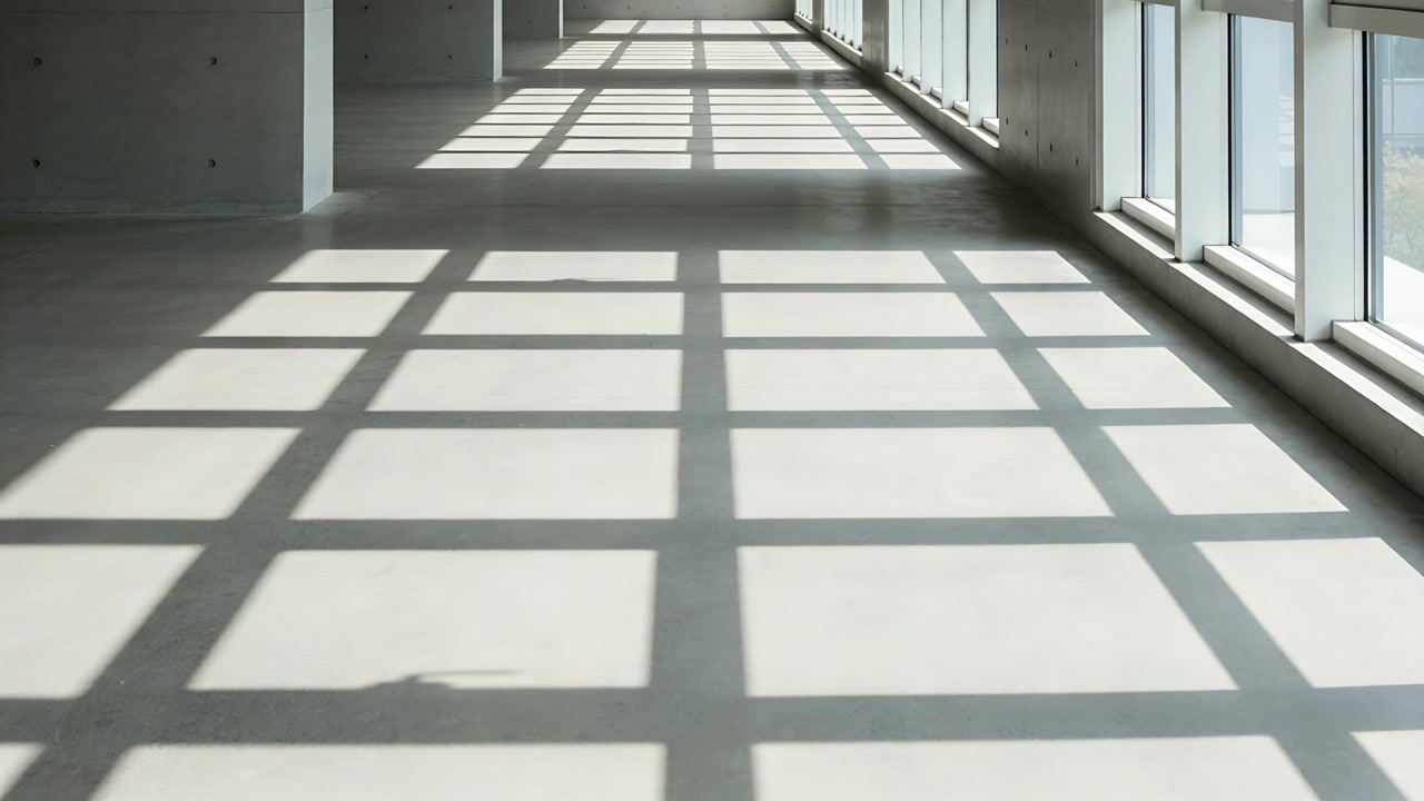 Sombras de ventanas proyectadas por la luz del sol, suelo pulido central mostrando una cuadrícula en el pasillo, mancha.