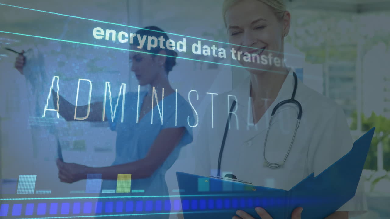 Reviewing patient data with encrypted transfer animation, healthcare professionals in hospital