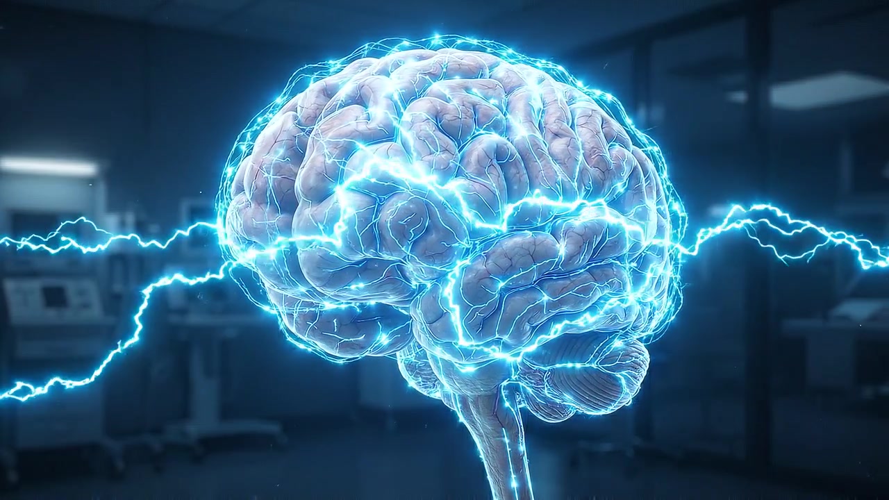 Detailed luminous human brain with blue neural pathways on dark background