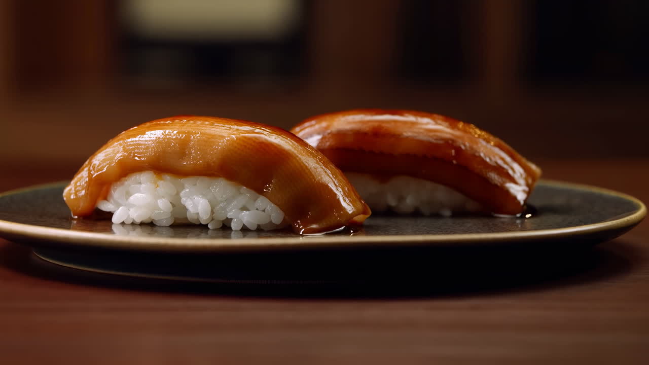 Primo piano: nigiri di unagi glassato su piatto, riso all'aceto fumante sormontato da anguilla caramellata e lucida, legno caldo.