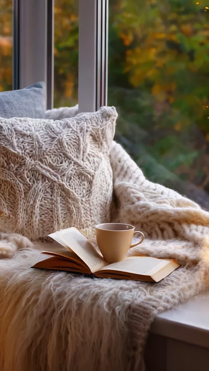 A Cozy Reading Nook with a Warm Cup and Soft Textiles Bathed in Golden Light: A Perfect Escape for Relaxation and Inspiration on a Peaceful Day