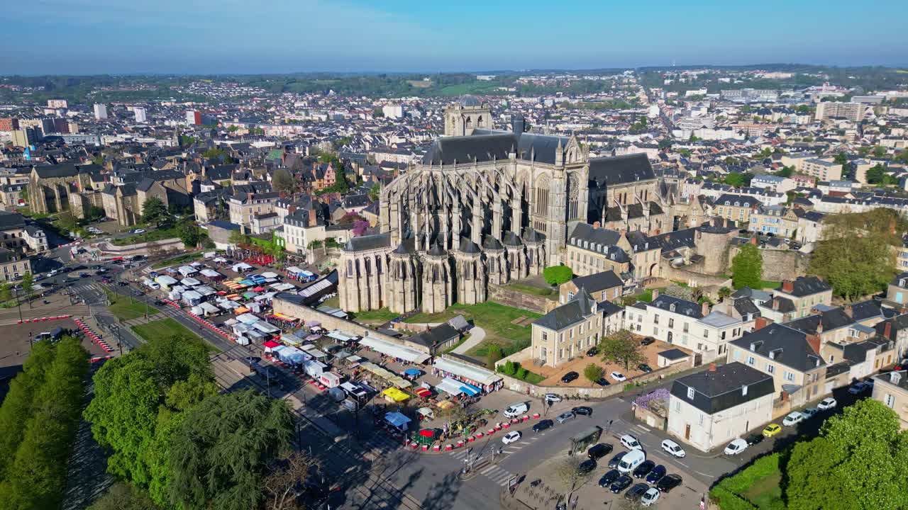 Le Mans cityscape, Cathedrale Saint-Julien and Marché des Jacobins. Sarthe, France. Aerial drone panoramic view