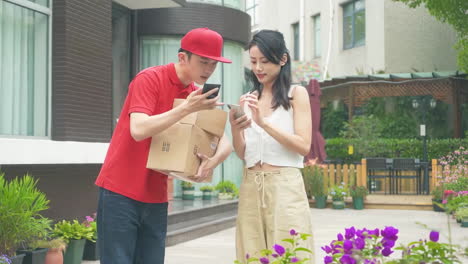 delivery man uniform smiles during express, courier holding a small package parcel delivering goods to customer's home with van truck, door-to-door services