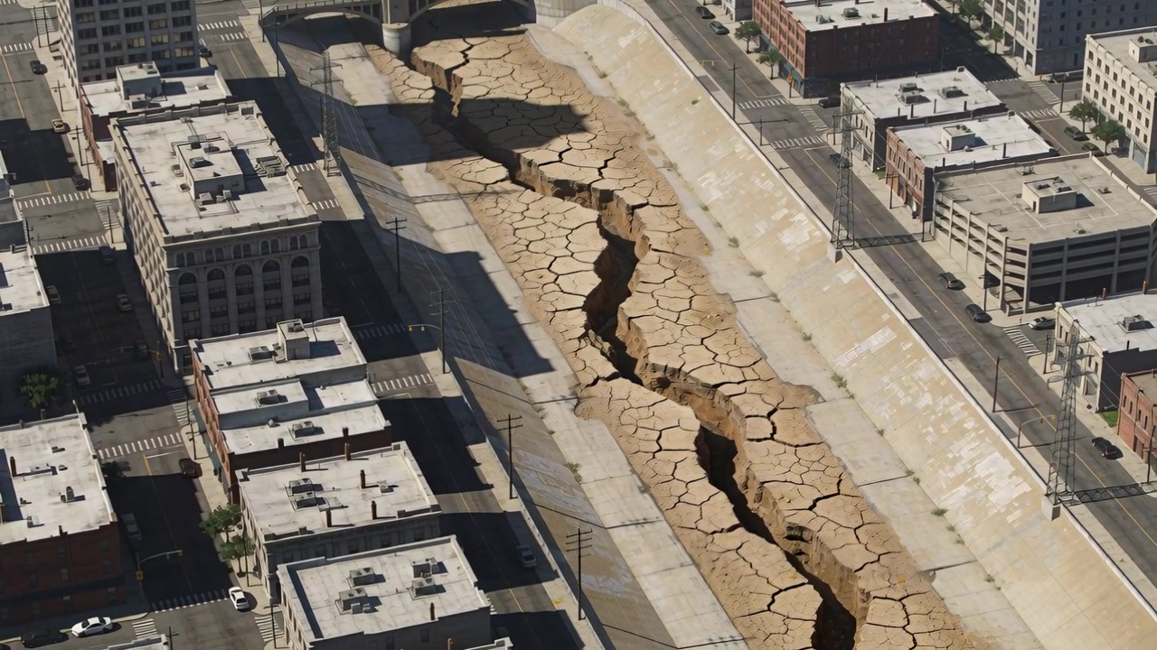 Telecamera panoramica che ispeziona un canale di scolo urbano con il fondo crepato e una profonda fessura sotto l'ombra di un ponte