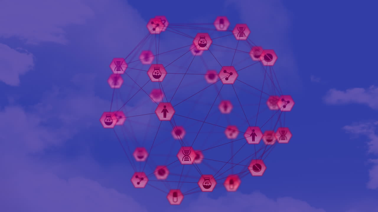 하늘의 구름에 대해 회전하는 디지털 아이콘의 글로브의 애니메이션