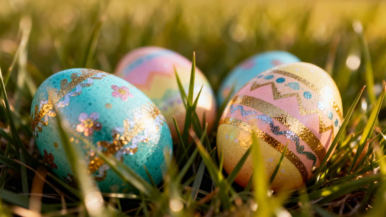 Lens pulling focus revealing cluster of decorated Easter eggs in lawn, highlighting glitter on eggs