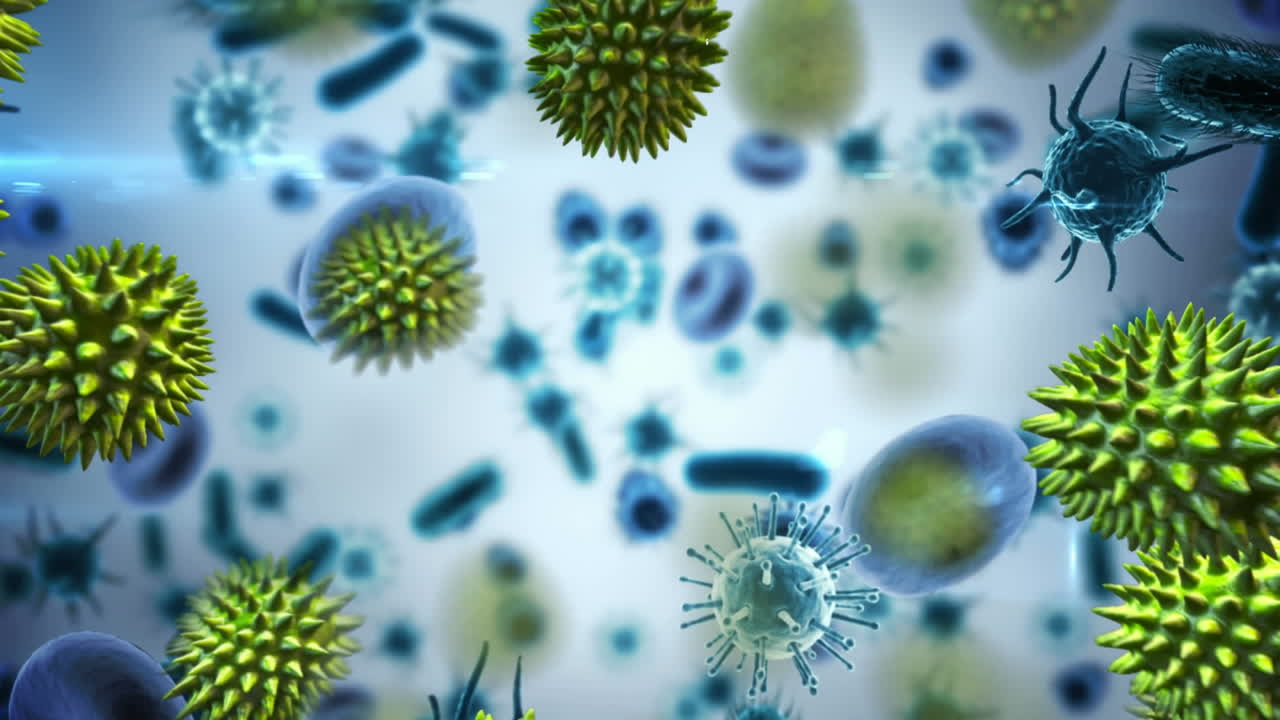 Digital animation of multiple covid-19 cells and blood vessels floating against grey background