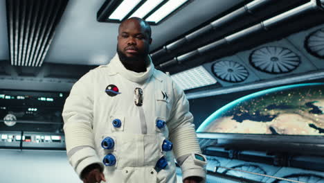 vertical video astronaut walking inside futuristic spacecraft, preparing for scientific mission