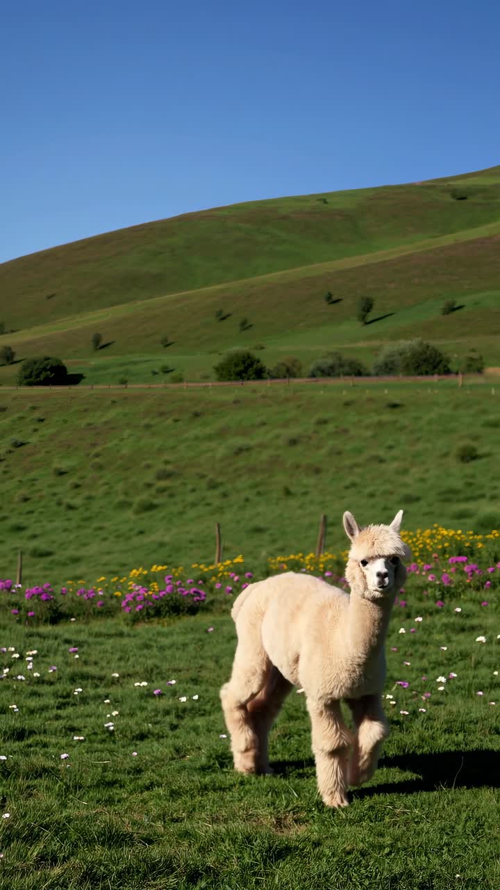 A serene video captures an alpaca in a lush, colorful meadow. Shot from a low angle, it highlights