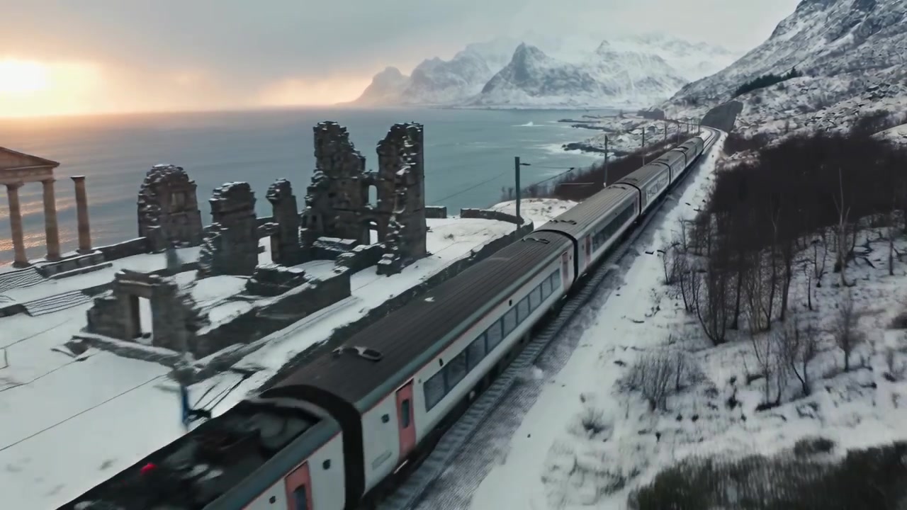 Treno passeggeri in avvicinamento che si muove lungo un binario innevato sulla riva, passando rovine e dirigendosi verso le montagne