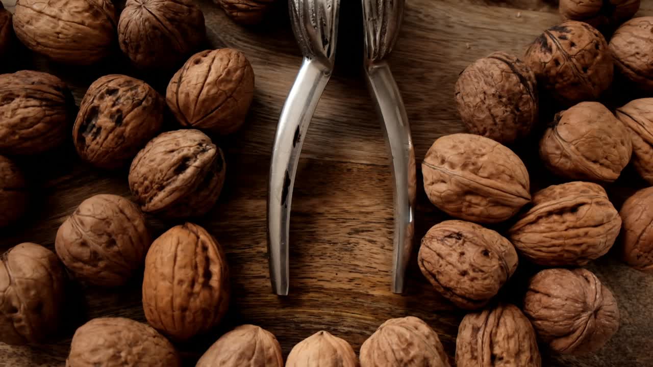 Walnuts and nutcracker.Walnuts close-up on wooden background.
